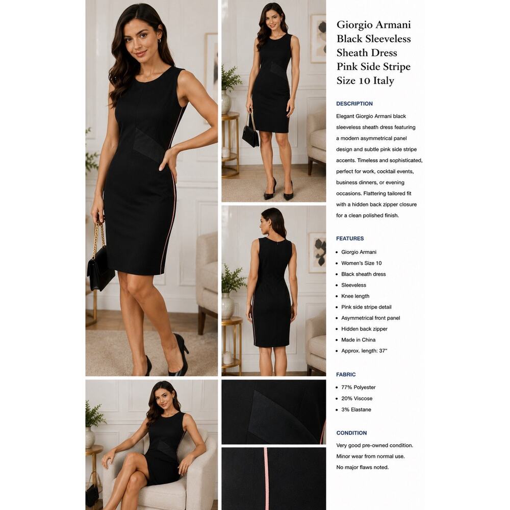 Giorgio Armani Black Sleeveless Sheath Dress Pink Side Stripe Size 10 Italy